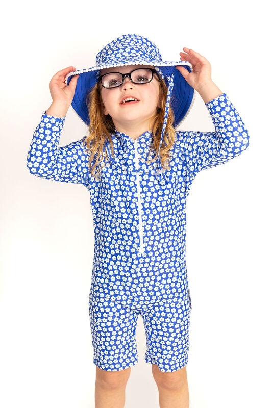 Girls Blue Daisy UV Suit and Hat Bundle