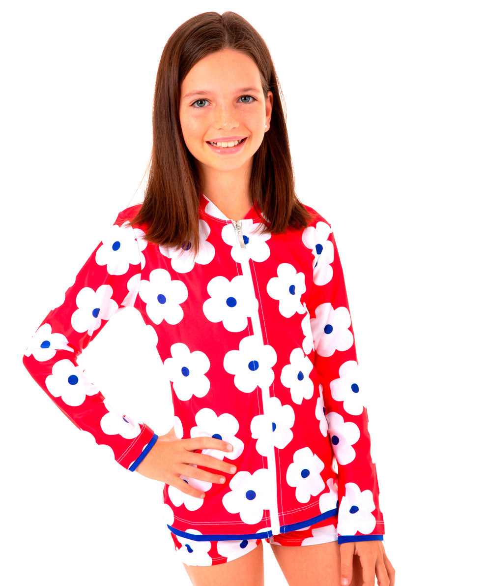Girls Red Flower Long Sleeve Rashie (SIZES 1, 2, 12, 14 ONLY)