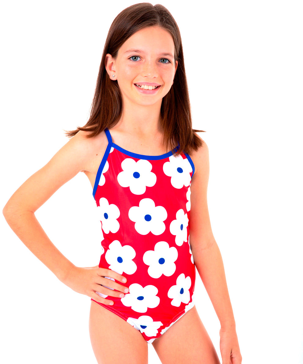 Girls Red Flower Bathers  (SIZES 3, 4, 5, 6, 14 ONLY)